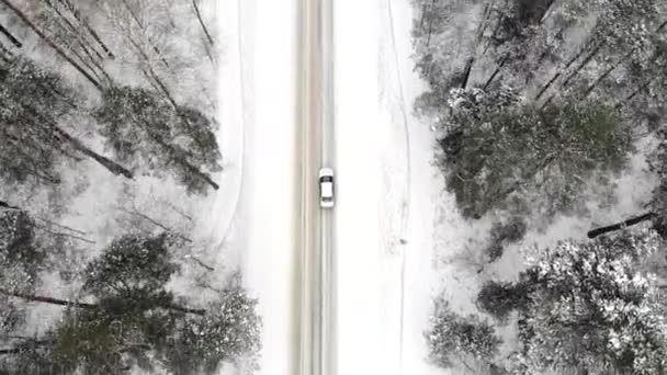 Klassisk grå bil kör genom den vita vintern snöig skog på landsvägen. Högst upp. Vinter eller alpin väg i bergen med snötäckta träd från luften. — Stockvideo