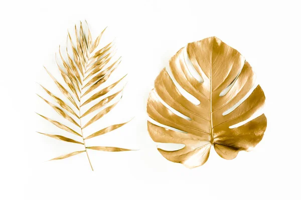 Feuilles de palmier tropicales dorées Monstera sur fond blanc. Pose plate, vue du dessus concept minimal. — Photo