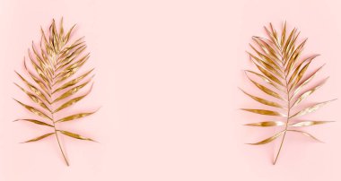 Pembe arka planda altın tropik palmiye yaprakları. Düz konum, üst görünüm minimum konsept.
