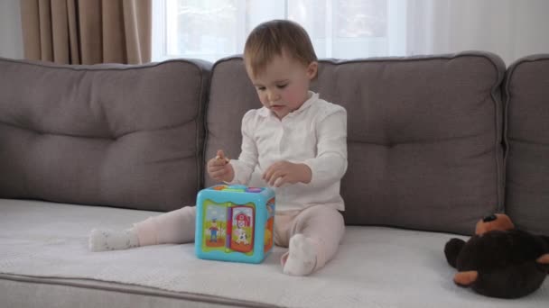 Linda niña pequeña artista jugando solo dibujo para colorear con fieltro pluma sentarse en el suelo, enfocado niño preescolar inteligente disfrutando de la actividad de arte creativo hobby en casa, concepto de desarrollo de los niños — Vídeos de Stock