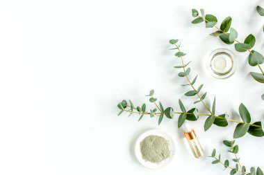 Okaliptüs yağı, okaliptüs yaprakları beyaz arka planda. Doğal, organik kozmetik ürünleri. Tıbbi, Doğal Serumlar. Düz yatış, üst görünüm.