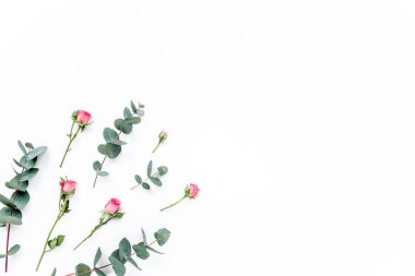 Çiçek deseni pembe güllerden yapılmış, yeşil yapraklar okaliptüs, beyaz arka planda dallar. Düz yerde, üst tarafta. Sevgililer Günü geçmişi. Çiçek deseni.