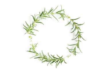 Yuvarlak çelenk çerçevesi bitkiler, yeşil dallar, biberiye yaprakları. Düz yatıyordu. Üst görünüm.