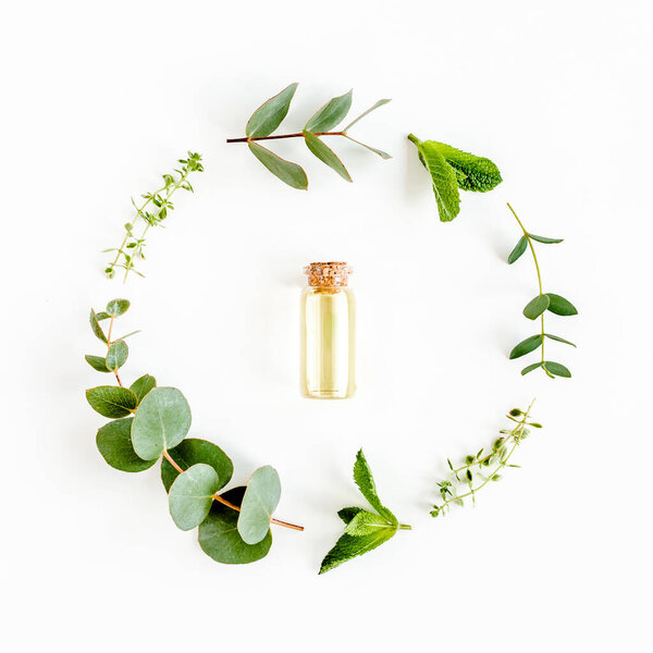 Essential oil and round wreath frame made of mix of herbs, green branches, leaves mint, eucalyptus, thyme and plants collection on white background. 