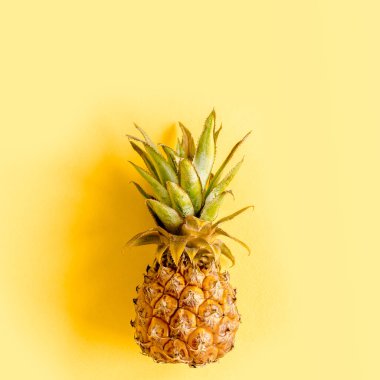 Tropik soyut arka plan, hindistan cevizi ve ananas desenli, sarı arka planda. Yaz kavramı. Düz yatış, üst görünüm.