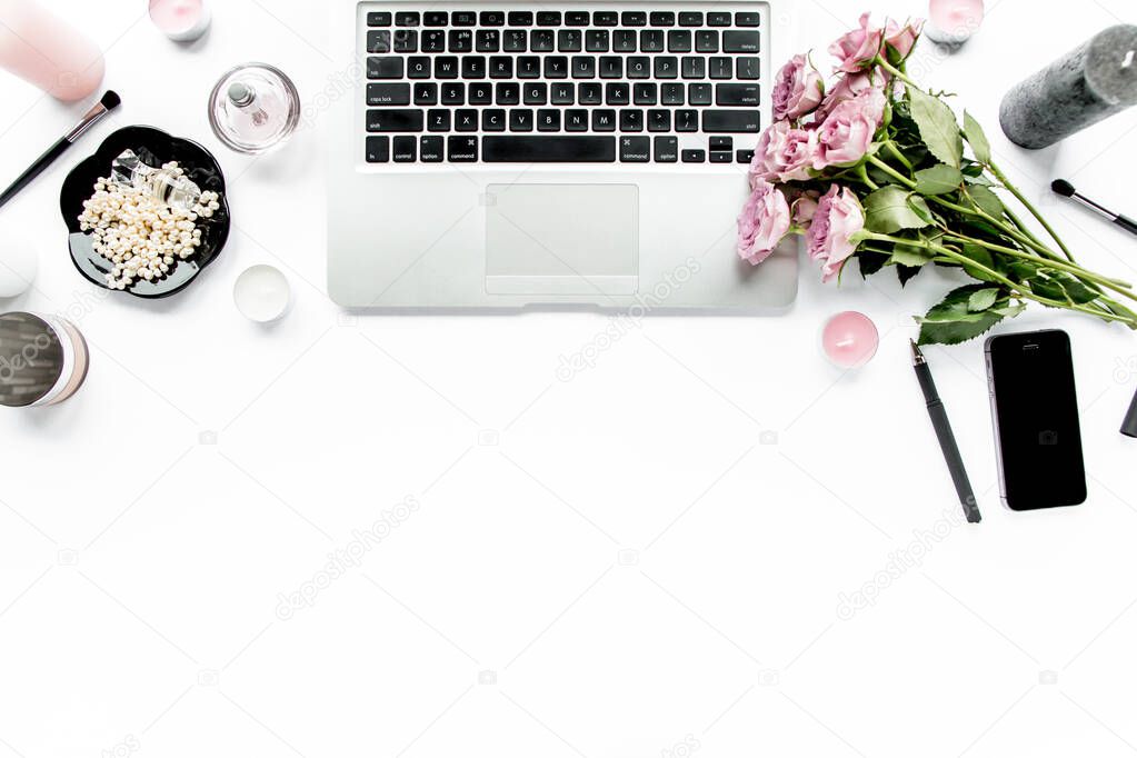 Makeup tools. Home office workspace. Female fashion, makeup brushes, cup of coffee on white background. Flat composition. Top view. Flat lay.