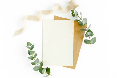 Sahte davetiye, boş tebrik kartı ve yeşil yapraklar okaliptüs. Düz yatış, üst görünüm.