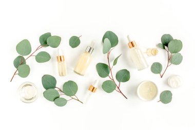 Okaliptüs yağı, okaliptüs yaprakları beyaz arka planda. Doğal, organik kozmetik ürünleri. Tıbbi, Doğal Serumlar. Düz yatış, üst görünüm.