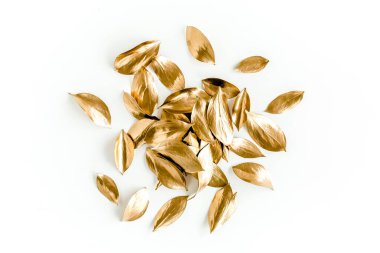 Beyaz arka planda izole edilmiş altın yapraklı desen. düz yatış, üst görünüm