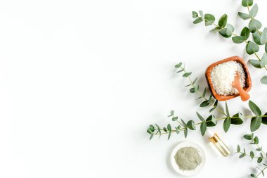 Okaliptüs yağı, okaliptüs yaprakları beyaz arka planda. Doğal, organik kozmetik ürünleri. Tıbbi, Doğal Serumlar. Düz yatış, üst görünüm.