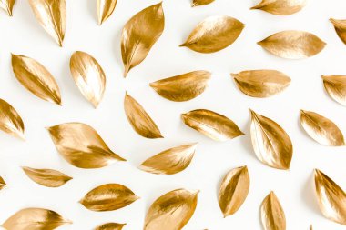 Beyaz arka planda izole edilmiş altın yapraklı desen. düz yatış, üst görünüm