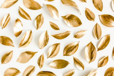 Beyaz arka planda izole edilmiş altın yapraklı desen. düz yatış, üst görünüm