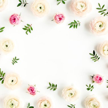 Beyaz arka planda pembe ranunculus ve gül tomurcuklarından yapılmış çiçek arkaplanı. Düz yatar, üst görünüm çiçek arkaplanı.