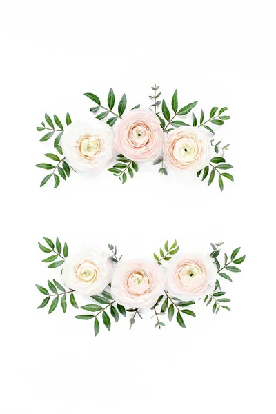 Floral frame wreath of pink ranunculus flower buds and eucalyptus on white background. Flat lay, top view mockup. Frame of flowers. — Stock Photo, Image