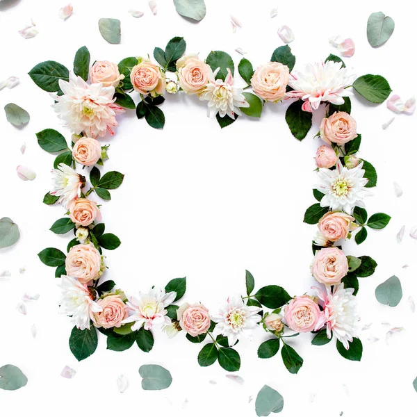 Quadro feito de rosas rosa, folhas verdes eucalipto, ramos, padrão floral sobre fundo branco. Deitado plano, vista superior. Valentines fundo. — Fotografia de Stock