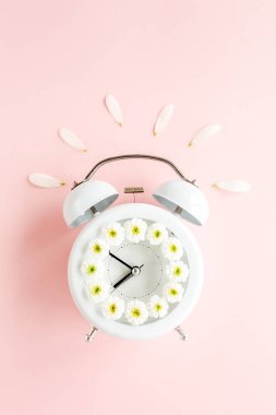 Besteleme zamanı, saat ve papatya çiçekleri pembe arka planda. Düz yatış, üst görünüm 