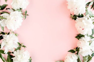 Beyaz şakayık çiçekleri çerçevesi, pembe arka planda yazı için yer var. Şakayık desenli. Düz yatış, üst görünüm. 