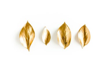 Beyaz arka planda izole edilmiş altın yapraklı desen. düz yatış, üst görünüm