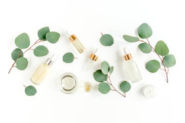 Okaliptüs yağı, okaliptüs yaprakları beyaz arka planda. Doğal, organik kozmetik ürünleri. Tıbbi, Doğal Serumlar. Düz yatış, üst görünüm.