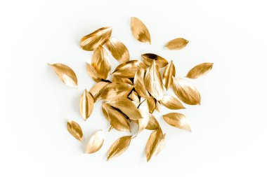 Beyaz arka planda izole edilmiş altın yapraklı desen. düz yatış, üst görünüm
