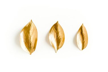 Beyaz arka planda izole edilmiş altın yapraklı desen. düz yatış, üst görünüm