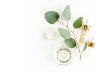 Okaliptüs yağı, okaliptüs yaprakları beyaz arka planda. Doğal, organik kozmetik ürünleri. Tıbbi, Doğal Serumlar. Düz yatış, üst görünüm.