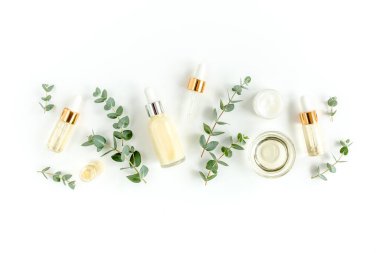 Okaliptüs yağı, okaliptüs yaprakları beyaz arka planda. Doğal, organik kozmetik ürünleri. Tıbbi, Doğal Serumlar. Düz yatış, üst görünüm.