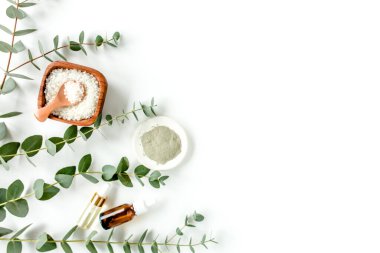 Okaliptüs yağı, okaliptüs yaprakları beyaz arka planda. Doğal, organik kozmetik ürünleri. Tıbbi, Doğal Serumlar. Düz yatış, üst görünüm.