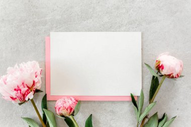 Sahte davetiye, boş kağıt tebrik kartı, pembe zarf ve gri taş masada şakayıklar. Çiçek arkaplanı. Düz yatış, üst görünüm.