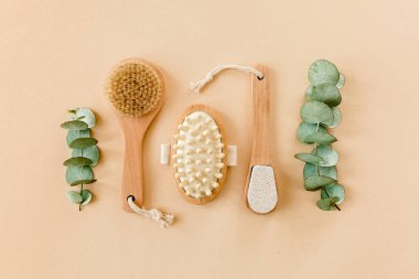 Spa tedavisi konsepti. Doğal, organik kaplıca ürünleri okaliptüs yağı, deniz tuzu, masaj fırçası, okaliptüs yaprağı özü. Spa arkaplanı