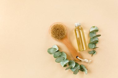 Spa tedavisi konsepti. Doğal, organik kaplıca ürünleri okaliptüs yağı, deniz tuzu, masaj fırçası, okaliptüs yaprağı özü. Spa arkaplanı