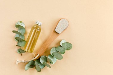 Spa tedavisi konsepti. Doğal, organik kaplıca ürünleri okaliptüs yağı, deniz tuzu, masaj fırçası, okaliptüs yaprağı özü. Spa arkaplanı