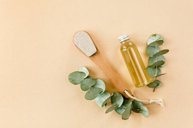 Spa tedavisi konsepti. Doğal, organik kaplıca ürünleri okaliptüs yağı, deniz tuzu, masaj fırçası, okaliptüs yaprağı özü. Spa arkaplanı