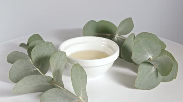 Olio di eucalipto con foglie su fondo bianco. Estratto di eucalipto, olio essenziale aromatico. Cosmetici naturali per la cura dei capelli e della pelle. — Video Stock