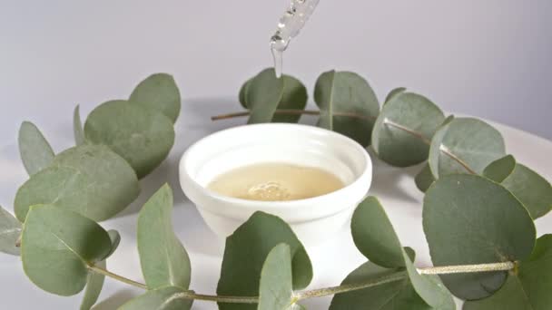 Pipette à l'huile d'eucalyptus avec des feuilles sur fond blanc. Extrait d'eucalyptus, huile essentielle aromatique. Cosmétiques naturels pour les cheveux et les soins de la peau. Vue du dessus. — Video