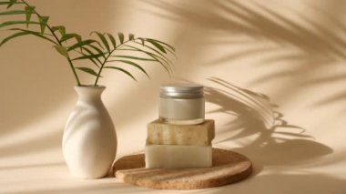 Sunum, Pastel Bej Arkaplanda Güzellik Kremi ile Sabah Işıkları ve Palmiye Yaprakları Gölgeleri. Cream Sand Stone Podyumları. Cilt Kozmetiği Konsepti, Spa. 