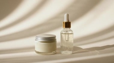 Cream in a Glass Jar on Beige Background in Sun Light. Skin and Body Care. Minimal Abstract Cosmetic Background for Product Presentation. Concept of Skincare Cosmetic, Spa.