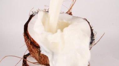 Yavaş Çekim Süt Sıçratma Beyaz Arkaplanda Hindistan Cevizi. Sağlıklı yiyecekler. Makro Vuruş.