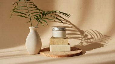 Güneş Işığındaki Sabun Çubuklarından Bej Podyumlarda Cam Kavanozda Krema. Gölge Avuç Yaprakları. Ürün Sunumu için Minimal Soyut Kozmetik Arkaplan. Ürün Sunumu.