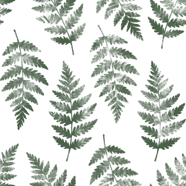 Beyaz arka planda doğal yeşil tonlarda eğreltiotu yaprakları olan dikişsiz suluboya deseni. Tekstil, duvar kâğıtları, ambalaj, kırtasiye ve doğadan esinlenilmiş tasarımlar için ideal.
