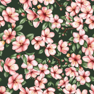 Kusursuz suluboya desenli, yeşil yapraklı ve tomurcuklu, narin, pembe kiraz çiçekleri. Çiçek açan bir bahar bahçesi hissi. Tekstil, ambalaj, duvar kâğıdı, tebrik kartları, düğün kırtasiyesi, bahar koleksiyonları, yapıştırma kitabı,