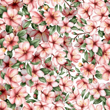 Kusursuz suluboya desenli, yeşil yapraklı ve tomurcuklu, narin, pembe kiraz çiçekleri. Çiçek açan bir bahar bahçesi hissi. Tekstil, ambalaj, duvar kâğıdı, tebrik kartları, düğün kırtasiyesi, bahar koleksiyonları, yapıştırma kitabı,