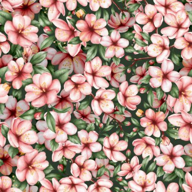Kusursuz suluboya desenli, yeşil yapraklı ve tomurcuklu, narin, pembe kiraz çiçekleri. Çiçek açan bir bahar bahçesi hissi. Tekstil, ambalaj, duvar kâğıdı, tebrik kartları, düğün kırtasiyesi, bahar koleksiyonları, yapıştırma kitabı,