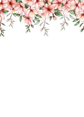 Kiraz çiçekleri ile suluboya kenarları üst ve alt kenarlar boyunca uzanır. Düğün davetiyeleri, tebrik kartları, kırtasiye, marka, ambalaj, posterler ve romantik bahar tasarımları için uygundur..