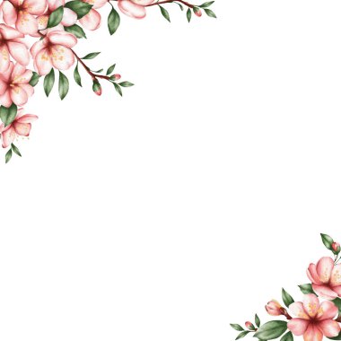 Pembe kiraz dalları ve yeşil yapraklı suluboya çerçeve, ortasında yazı için temiz bir alan. Düğün davetiyeleri, tebrik kartları, posterler, damgalama, paketleme ve romantik kırtasiye tasarımları için uygun..