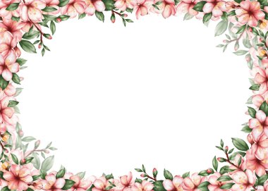 Pembe kiraz dalları ve yeşil yapraklı suluboya çerçeve. Ortasında yazı için temiz bir alan var. Düğün davetiyeleri, tebrik kartları, posterler, damgalama, paketleme ve romantik kırtasiye tasarımları için uygun..