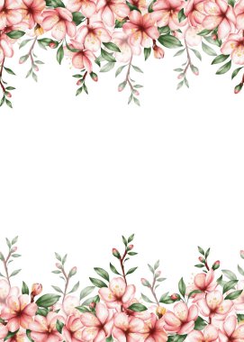 Kiraz çiçekleri ile suluboya kenarları üst ve alt kenarlar boyunca uzanır. Düğün davetiyeleri, tebrik kartları, kırtasiye, marka, ambalaj, posterler ve romantik bahar tasarımları için uygundur..