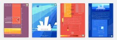 Grafik geometrik elementlerle kaplanmış şablonlar. Broşürler, posterler, kapaklar ve afişler için kullanılabilir. Vektör illüstrasyonları.