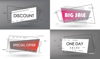 Grafik geometrik elementlerle kaplanmış şablonlar. Broşürler, posterler, kapaklar ve afişler için kullanılabilir. Vektör illüstrasyonları.