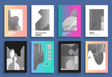 Broşür yaratıcı tasarım. Kapaklı, arka ve iç sayfalı çok amaçlı şablon. Moda minimalist düz geometrik tasarım. Dikey biçim a4.